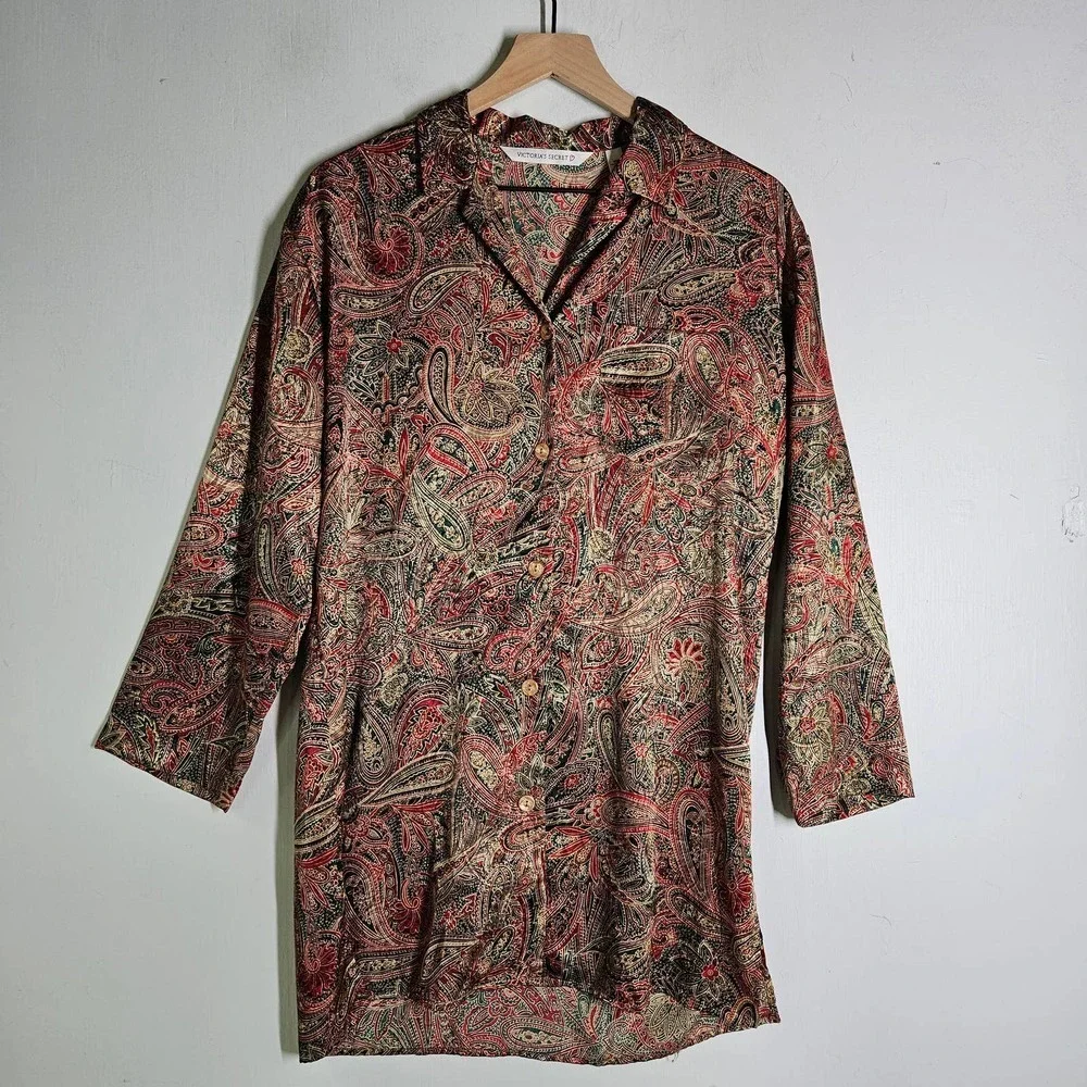 Vintage 90s Victoria's Secret 2pc Sleepshirt Kimono Robe XS OS Paisley Satin Set
